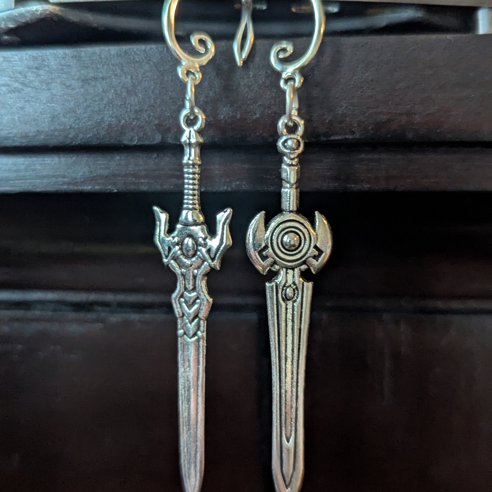 Silver Sword Design Earrings with Intricate Detailing - Picture 1 of 4